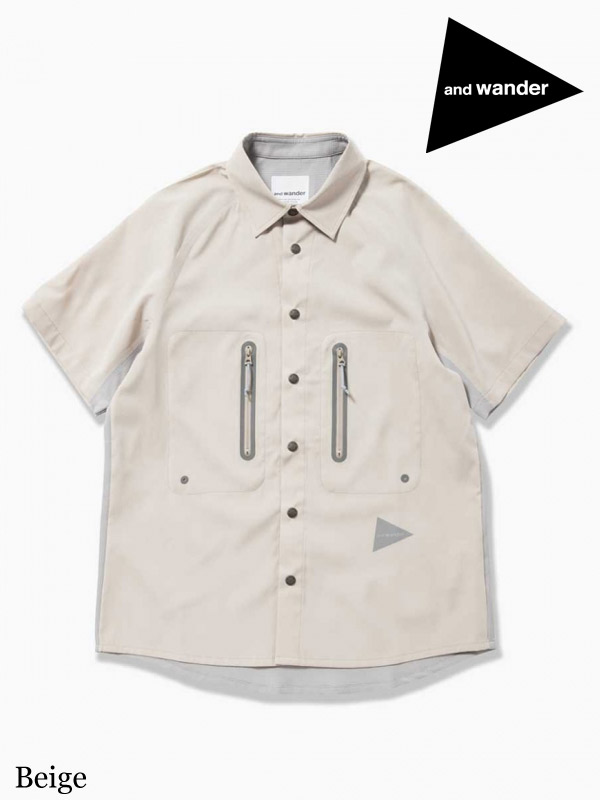 and wander,アンドワンダー ,tech short sleeve shirt #beige ,テック ショートスリーブ シャツ (メンズ)