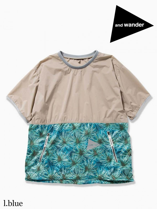 and wander ,アンドワンダー,pine printed wind T #l.blue,パインプリント ウィンドTシャツ